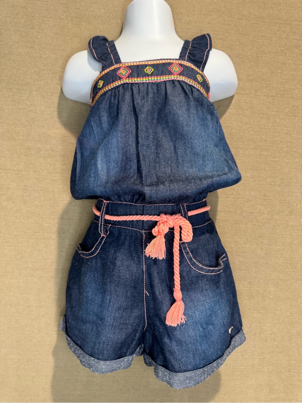 Limited Too 4T Denim Boho Embroidered Short Romper Pink Tassel Belt # 30